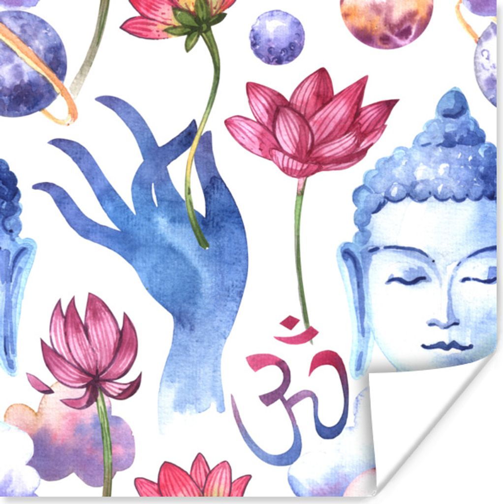 MuchoWow Poster Buddha - Planeten - Blumen 100x100 cm - Babyzimmer
