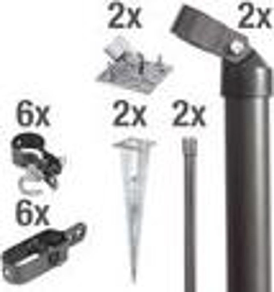 A collection of fence accessories, including corner pieces, stakes, and clips, arranged on a white background.