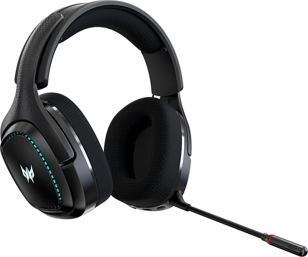 A black gaming headset with a microphone is shown against a white background.