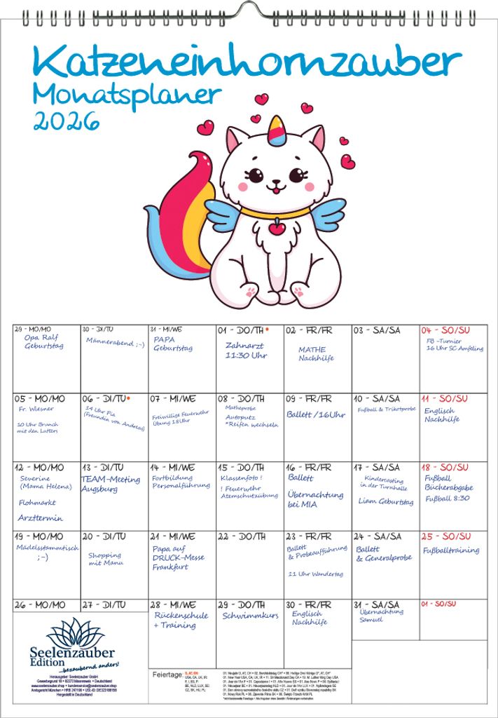 Katzeneinhornzauber Planer DIN A3 Kalender für 2026 Katzen Einhorn Katzenbabys - Seelenzauber
