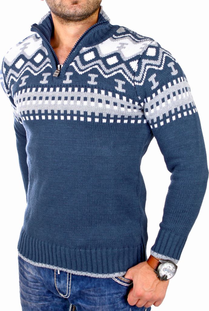 Reslad Herren Strickpullover Crewneck Zipper Norweger Pullover RS-3110 Blau M