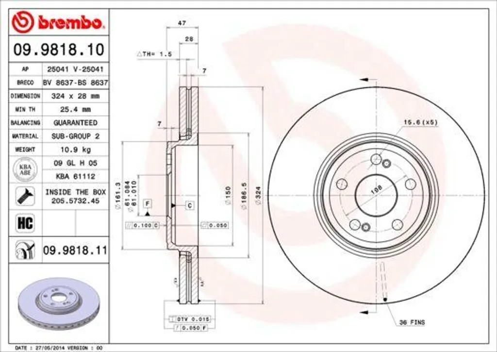 Brembo 09.9818.11 Disque de Frein OE 7701206923 pour Espace 4 et Vel Satis