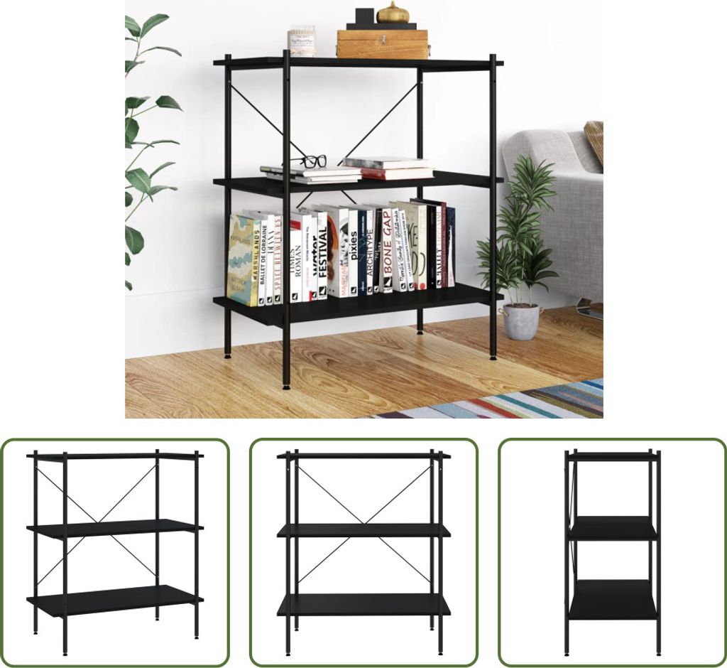 The Living Store Regal mit 3 Böden Schwarz 80x40x92 cm Produktbild 