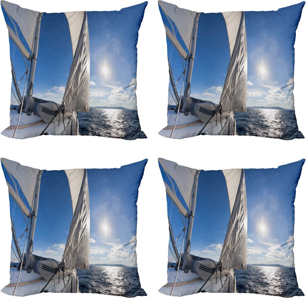 ABAKUHAUS Segelboot Kissenbezug Set (4 Stück), Segelboot in See, Moderner Doppelseitiger Digitaldruck, 50 cm x 50 cm, Blau Weiss