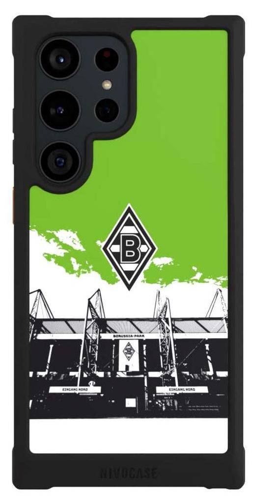 NIVOCASE Hülle für Samsung Galaxy S23 Ultra Stoßfeste Handyhülle NIVOmax Case Schwarz Borussia Mönchengladbach Fanartikel Stadion