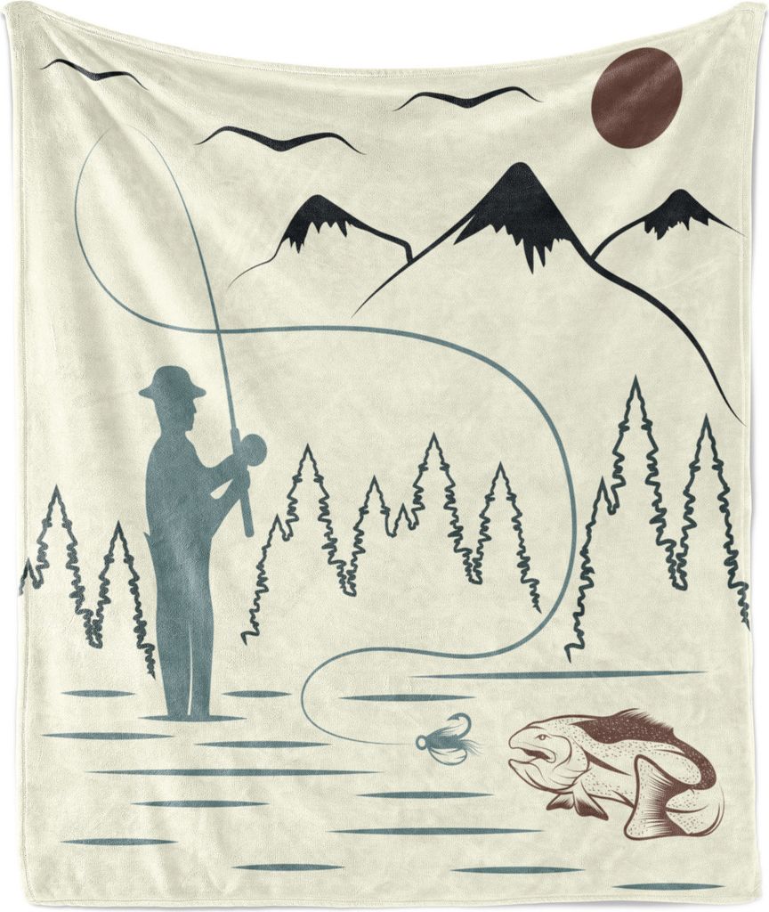 ABAKUHAUS Angeln Theme Weich Flanell Fleece Decke, Man Try zu fangen Monster Fisch in Fluss mit Bergen Sonne und Bäumen, 175 x 230 cm, Elfenbein u...