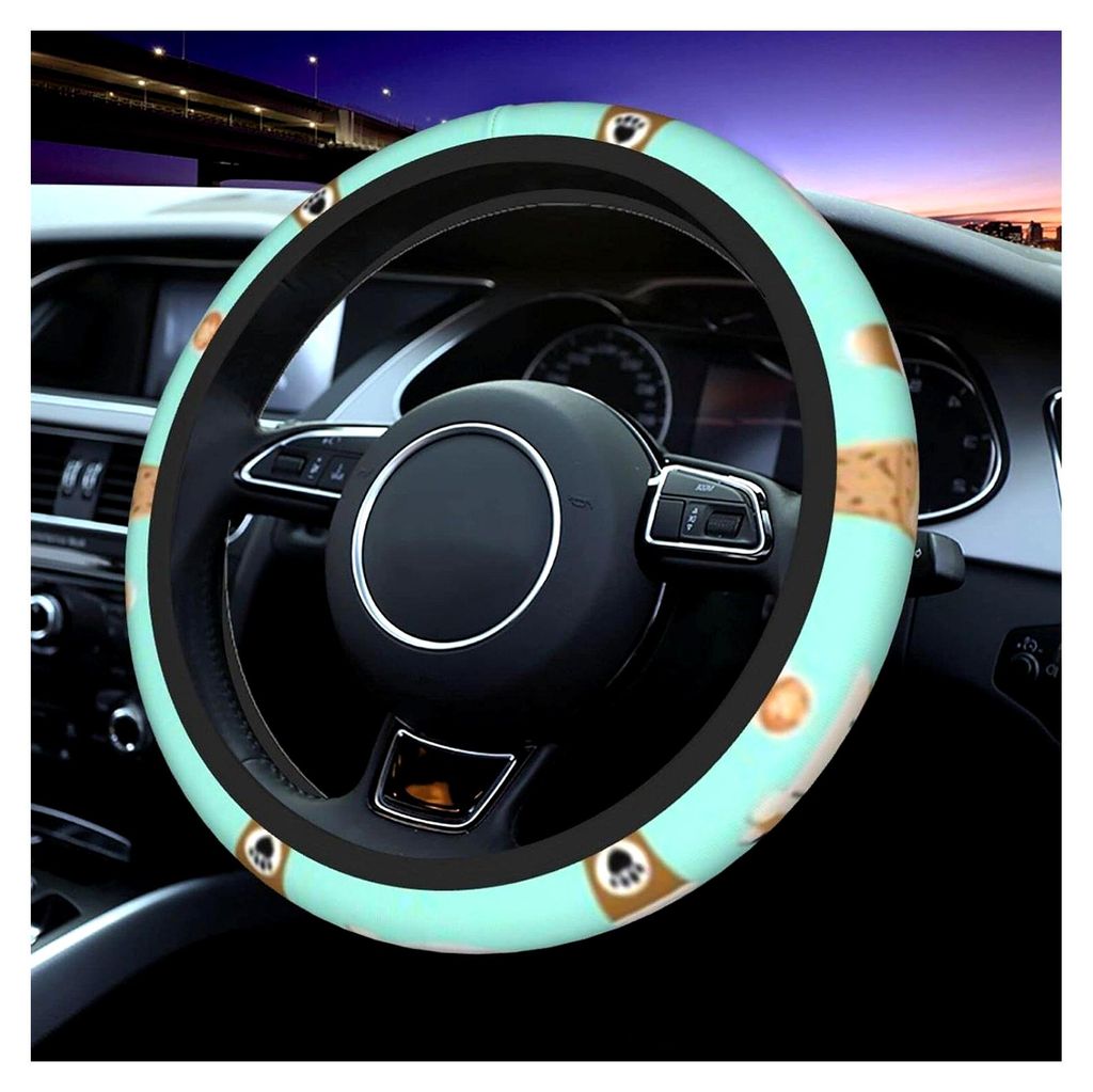 Auto Lenkradbezüge Shiba Inu Kaffee Druck Hund und Kaffee Stoff Auto Damen Herren Universal 15 Zoll Sport Design rutschfest für LKW SUV Zubehör