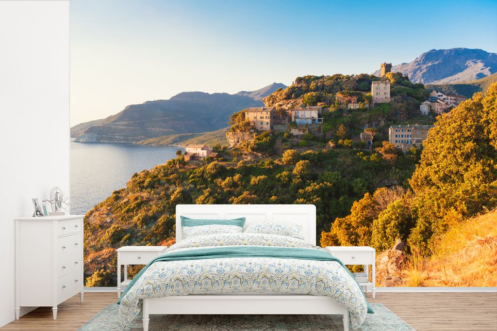 MuchoWow Fototapete für Wohnzimmer oder Schlafzimmer Wandtapete Vinyl Motivtapete Dorf auf Korsika bei Sonnenuntergang - 360x240 cm - Vinyl-Tapete