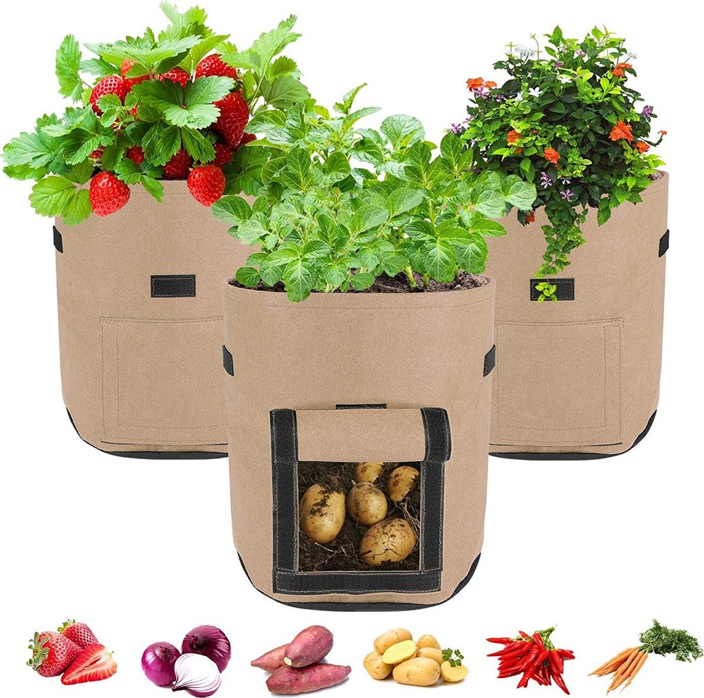 3 Stück Pflanzsack Wiederverwendbar Kartoffelpflanzbeutel Tomaten Pflanzbeutel Langlebig Pflanzsack für Blumen Pflanzen Gemüse (7 Gallonen, Braun)