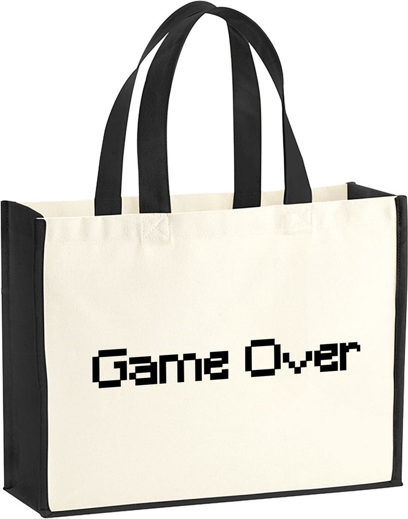 Huuraa Jutetasche Game Over Schriftzug 21 Liter Black Jute und Baumwolle Einkaufstasche Geschenkidee