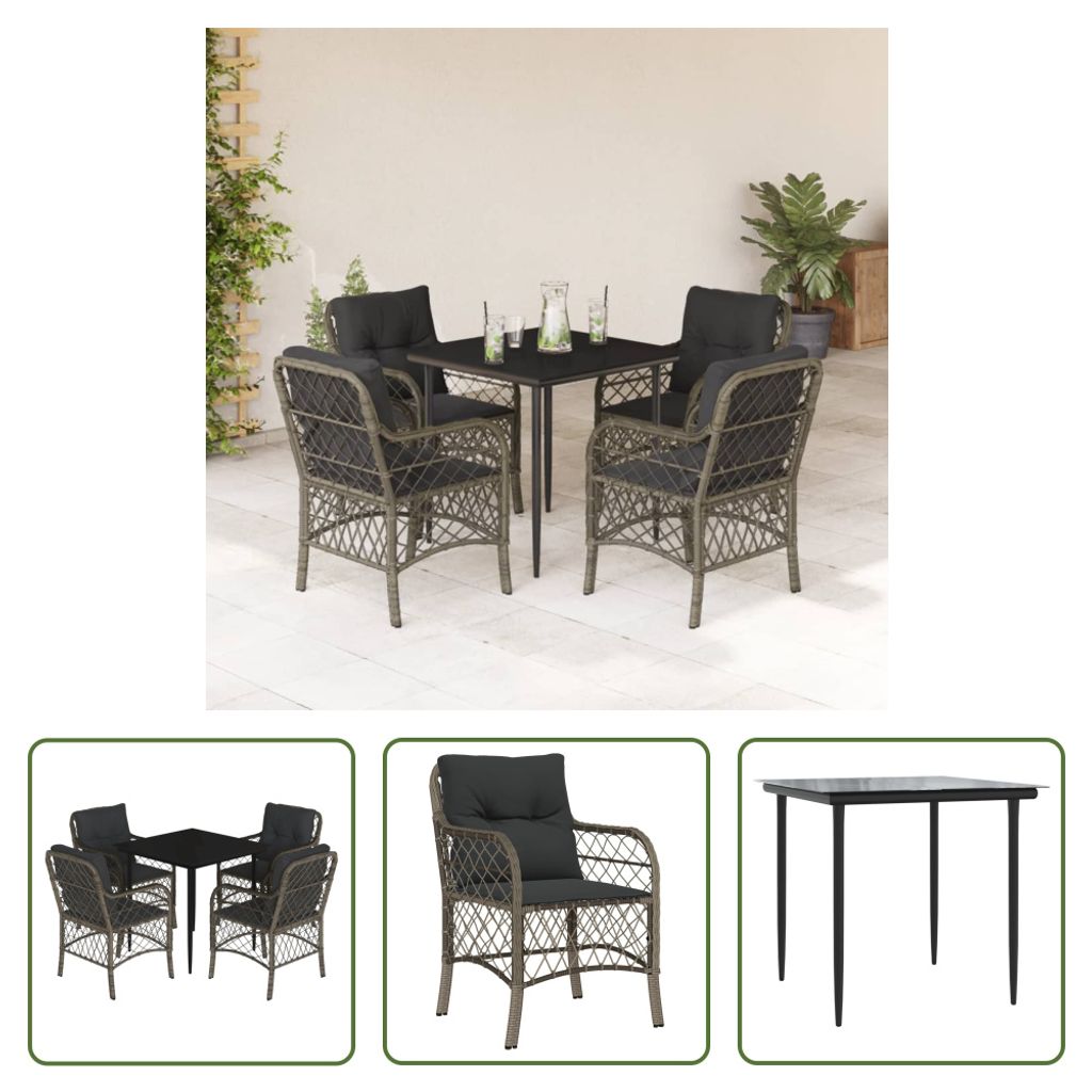 The Living Store 5-tlg. Garten-Essgruppe mit Kissen Grau Poly Rattan