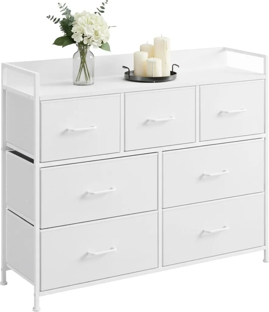 Commode 7 bacs en tissu et métal avec plateau MDF pour rangement stable