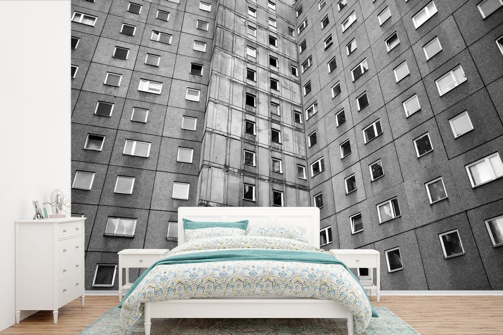 MuchoWow Fototapete für Wohnzimmer oder Schlafzimmer Wandtapete Vinyl Motivtapete Plattenbau Wohnhaus - schwarz und weiß - 390x260 cm - Papiert...