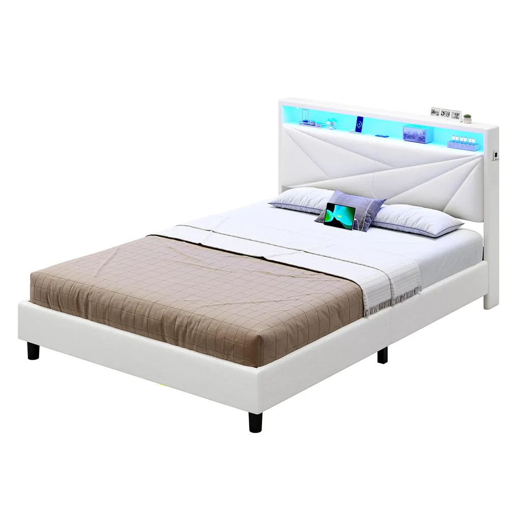 Lit 140x190 Blanc avec Rangement LED & Prises - Structure Lit Moderne