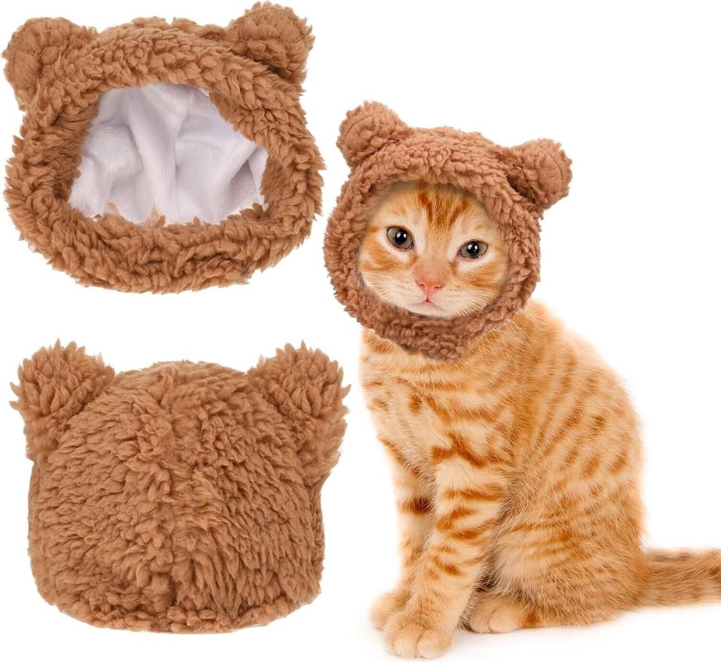Süße Katze Wintermütze, Warm Bärenmütze Weich Bequem Verstellbar für Kleine Haustiere Kopfbedeckung Kostüm Kleidung für Katzen, Hunde (Braun)