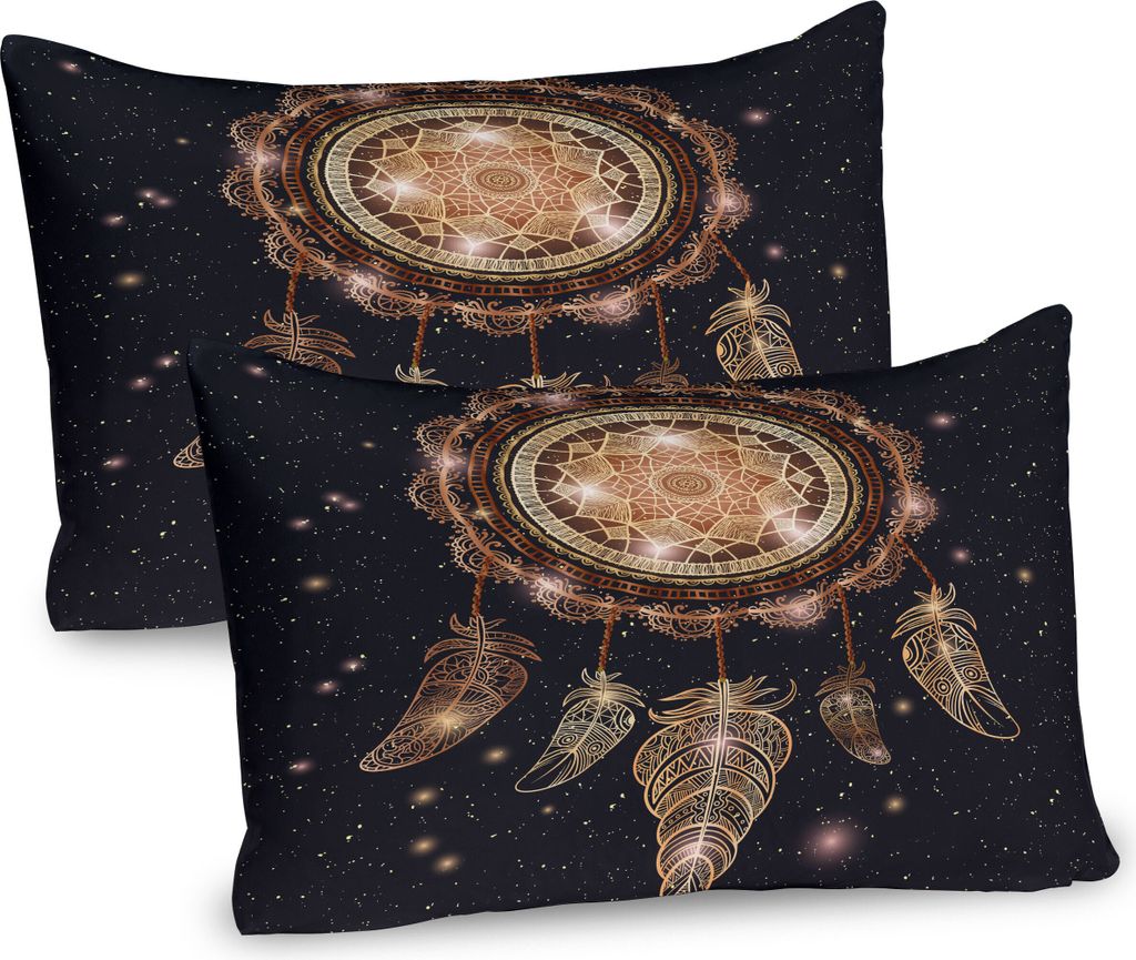 ABAKUHAUS Mandala Kissenbezug Packung mit 2, Dreamcatcher Federn Mystische Ikonen, Dekorativer Gedruckter Kissenbezug, 80x40 cm, Mehrfarbig