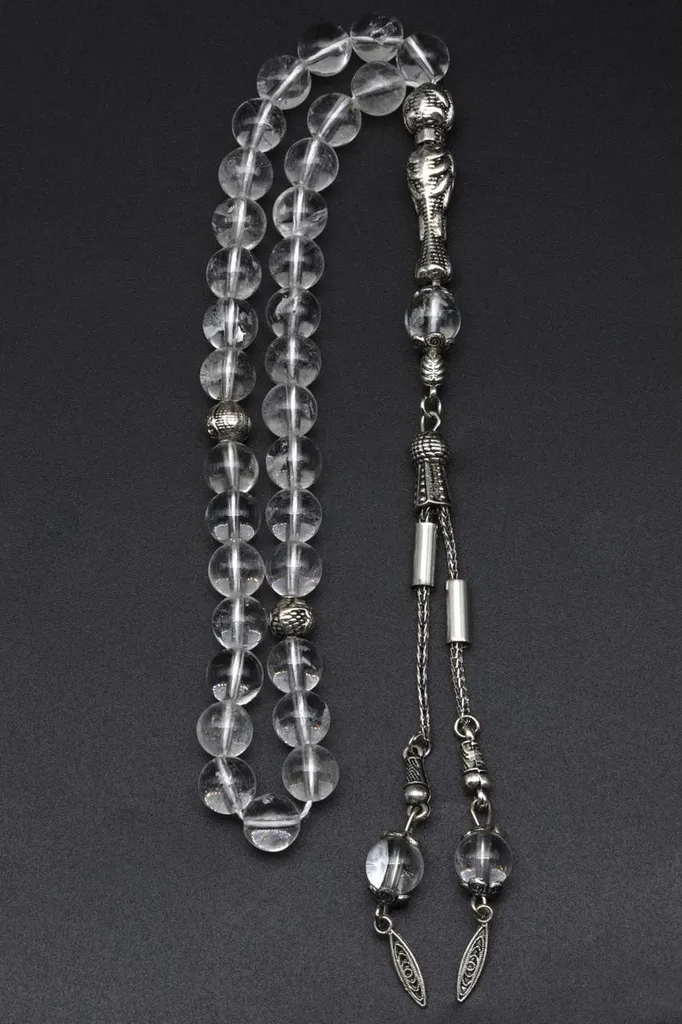 Chapelet en cristal de roche véritable avec 33 perles rondes de 8 mm