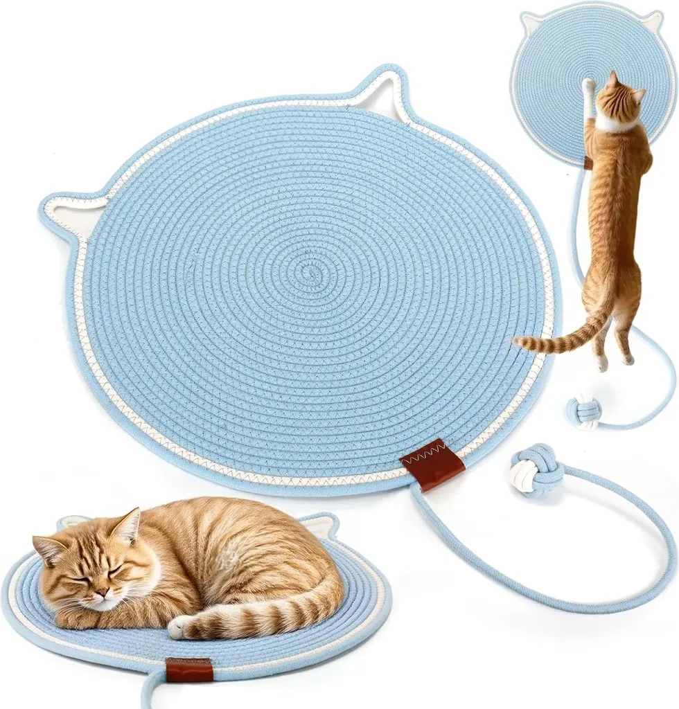 Griffoir chat en sisal mural format XL 50cm avec jouet intégré bleu