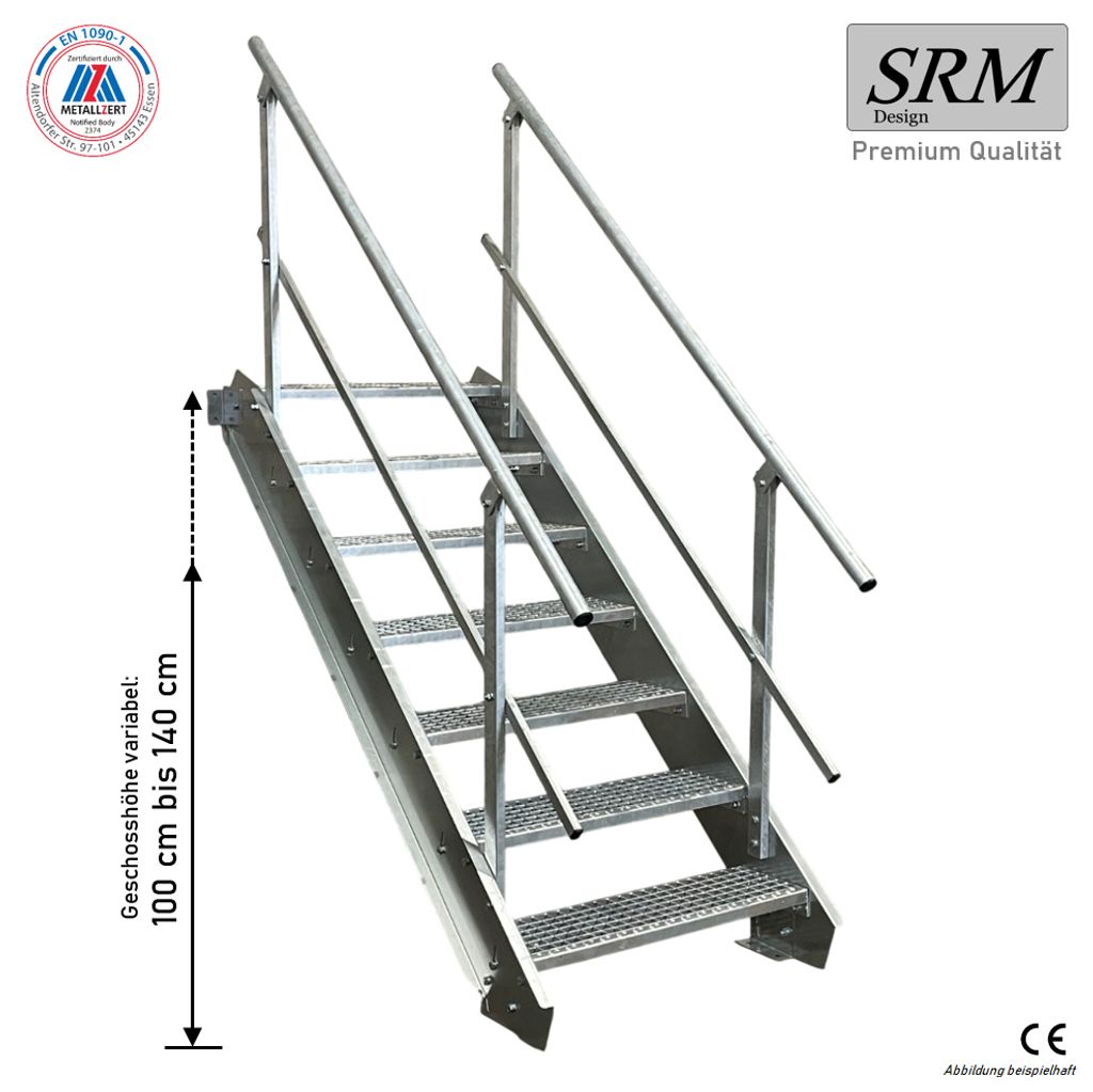 7 Stufen Stahltreppe beidseitig. Geländer Breite 150cm Geschosshöhe 100-140cm