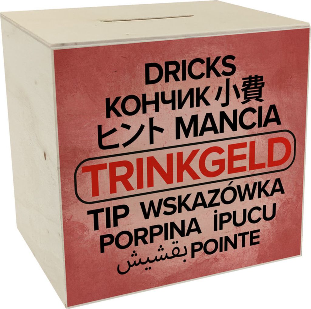 Trinkgeld in verschiedenen Sprachen Spardose aus Holz in rot