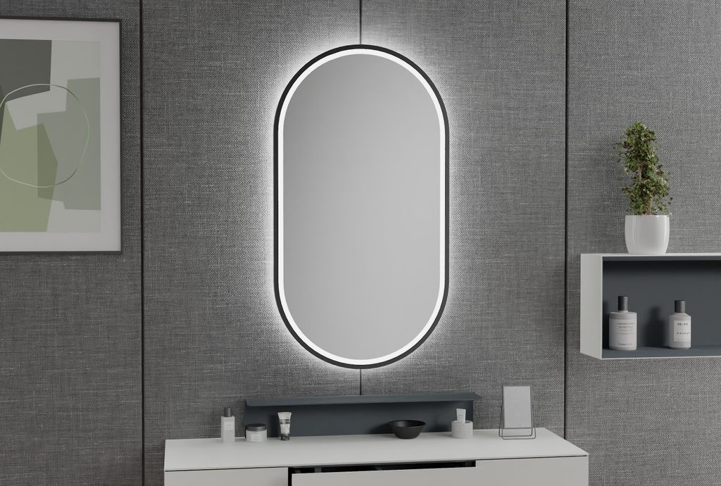 LED-Badspiegel 8144 - 2.0 oval - Aluminiumrahmen - Schwarz, matt - Sandgestrahlt - Anti-Beschlag - Größe wählbar, Spiegel Maße:55x100cm
