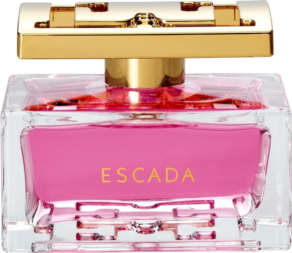 A close-up studio shot of an Escada perfume bottle.