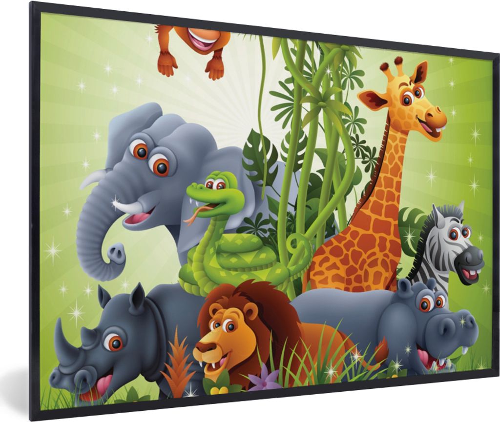 MuchoWow Gerahmtes Poster Dschungeltiere - Pflanzen - Kinder - Elefant - Giraffe - Löwe 30x20 cm - Poster mit Schwarzem Bilderrahmen Wandposter ...