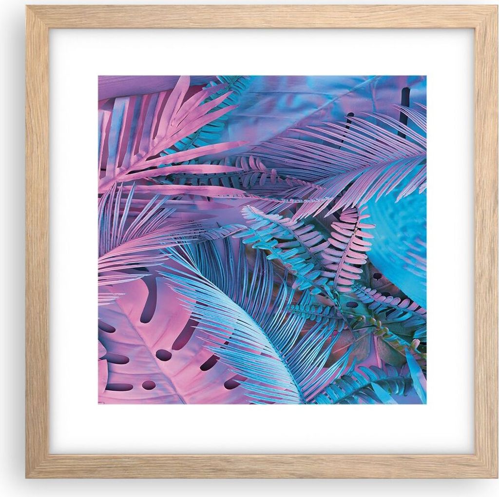 Gerahmtes Poster - Rahmen in heller Eiche - Blätter Rosa Blau - 30x30 cm - Wand Bild - Wanddeko - Wandbilder - Kunstposter - Wandposter - Bilderra...