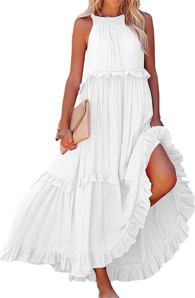 ASKSA Damen Langes Kleid Sommer Big Swing Strandkleid y Kleid Women Cover up Bikini Maxi Beachwear Kleider, Weiss, Groesse: S