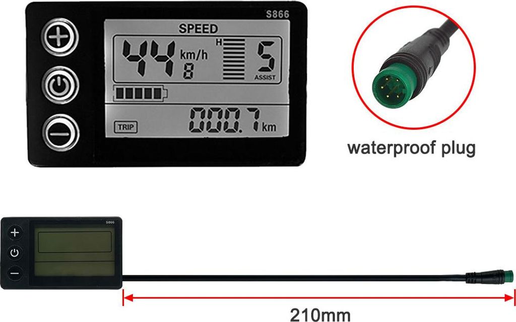 S866 Elektrofahrrad LCD-Display 24 V 36 V 48 V E-Bike Scooter Messgerät Bedienfeld mit wasserdichtem Stecker
