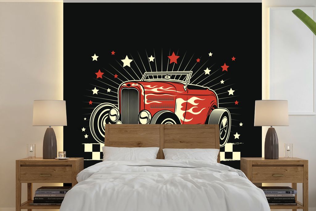 MuchoWow Fototapete für Wohnzimmer oder Schlafzimmer Wandtapete Vinyl Motivtapete Auto - Amerika - Rot - 280x280 cm - Hintergrundbild