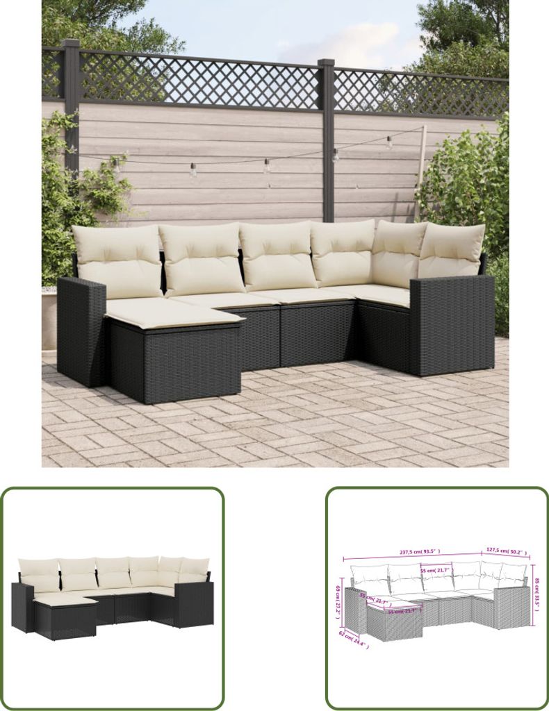 The Living Store 6-tlg. Garten-Sofagarnitur mit Kissen Schwarz Poly Rattan