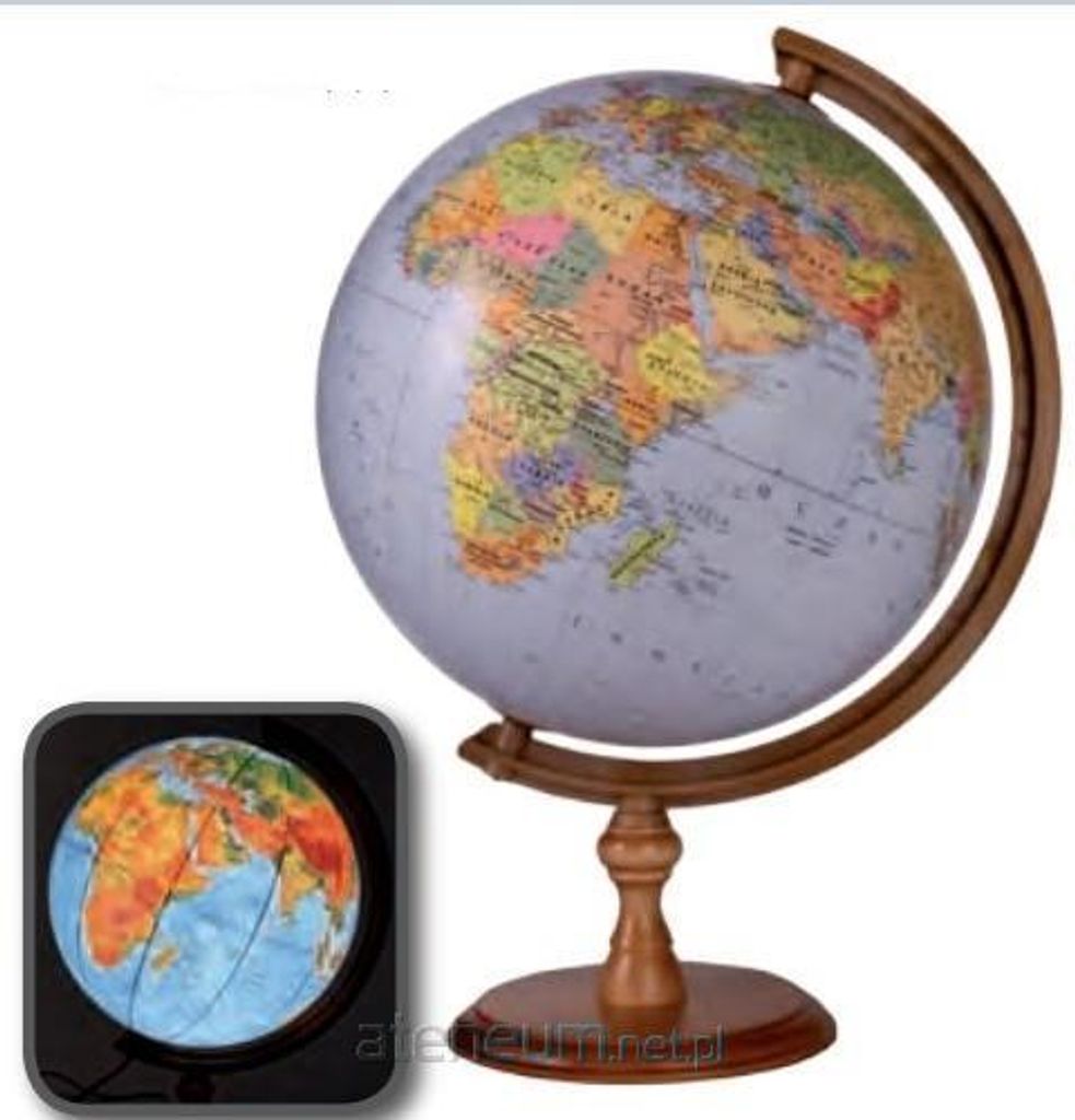 A political/physical globe on a wooden stand, with a smaller inset image of the globe.