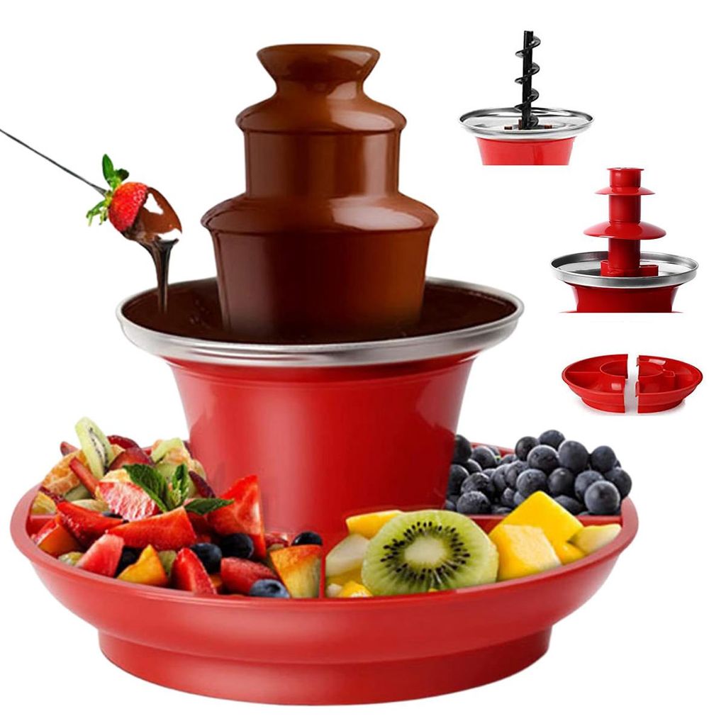 Elektrische schokoladen fontäne, 3-lagig, mini brunnen 200g, abnehmbar, fondue gerät für süßigkeiten, obst, käse & snacks