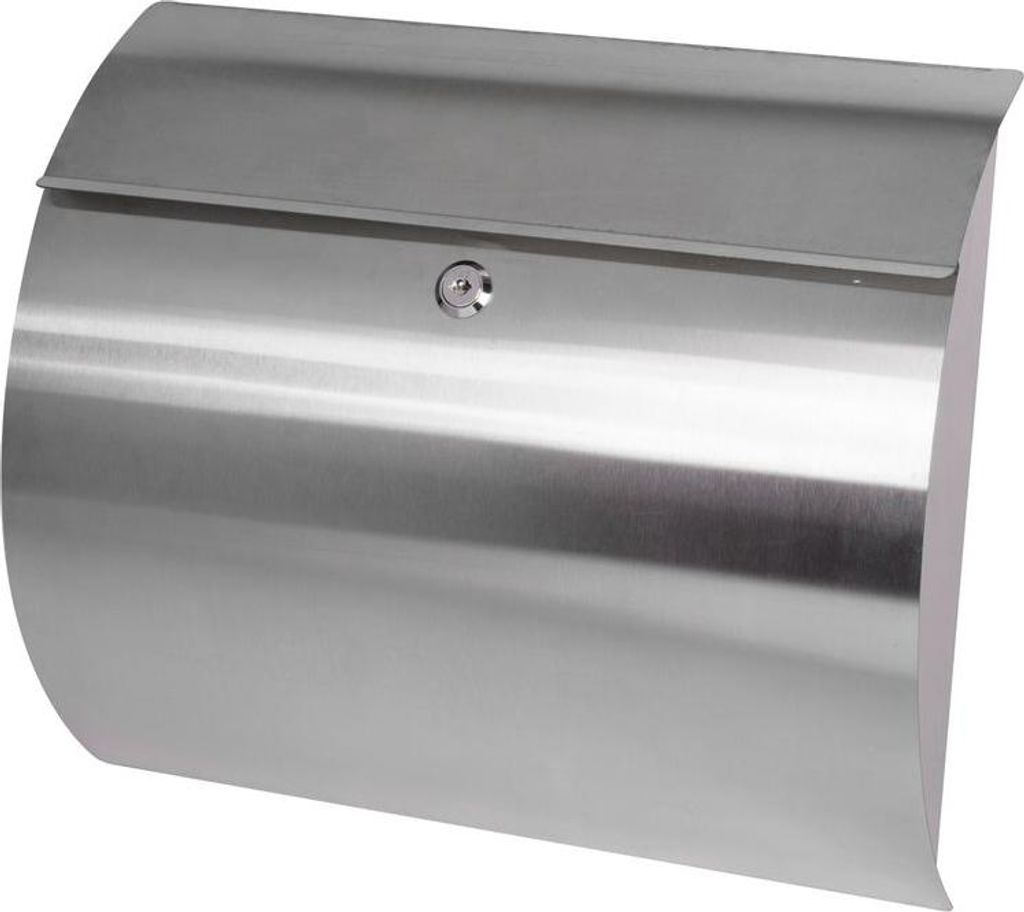 A stainless steel mailbox against a white background.
