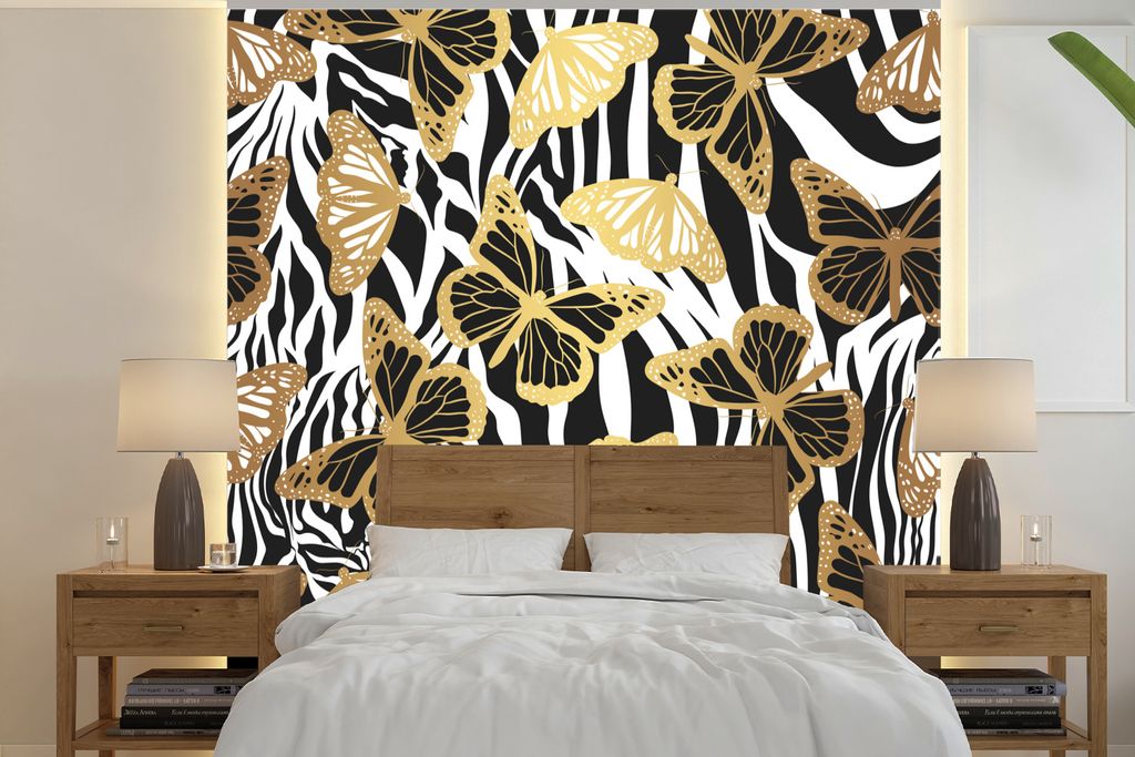 MuchoWow Fototapete für Wohnzimmer oder Schlafzimmer Wandtapete Vinyl Motivtapete Muster - Zebra - Schmetterling - 300x300 cm - Wanddekoration
