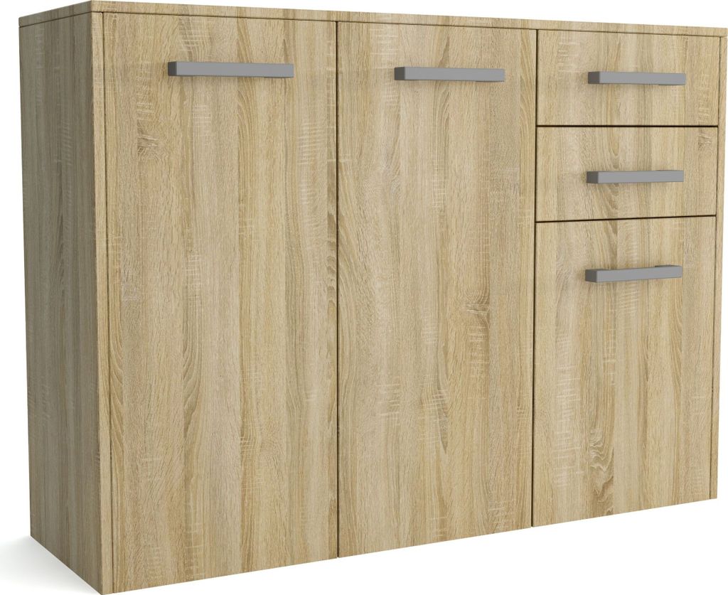 Masseno Kommode SCALINI 113 cm Sideboard mit 2 Schubladen und 3 Türen für Wohnzimmer Schlafzimmer Modern 113x33x82 cm Sonoma Eiche / Sonoma Eiche