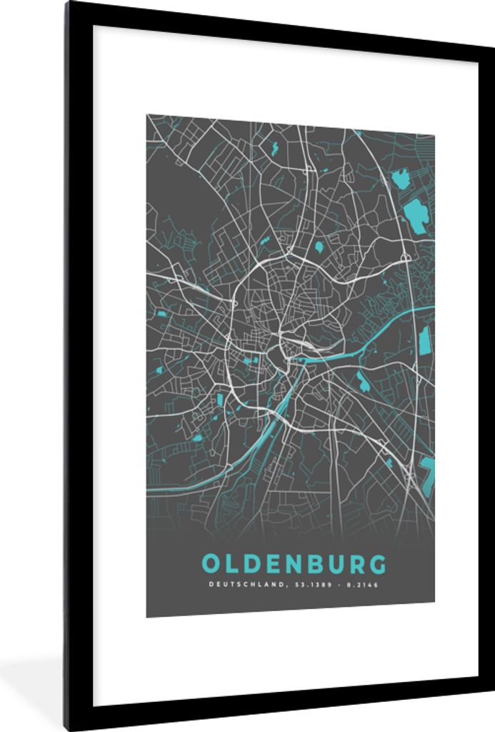 MuchoWow Gerahmtes Poster Oldenburg - Stadtplan - Blau - Karte - Deutschland 60x90 cm - Poster mit Schwarzem Bilderrahmen Wandposter Rahmen Foto ...