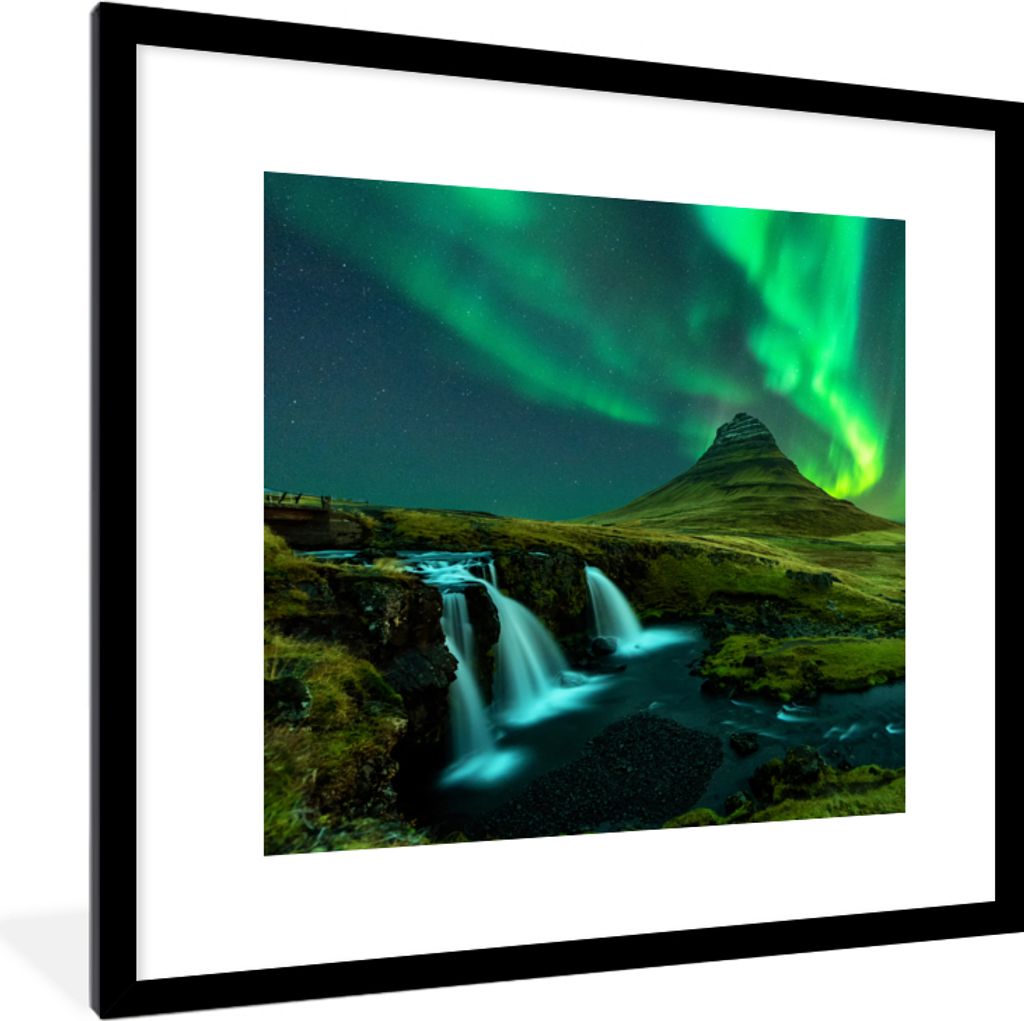 MuchoWow Gerahmtes Poster Nordlichter - Wasserfall - Berg - Island 40x40 cm - Poster mit Schwarzem Bilderrahmen Wandposter Rahmen Foto Bilder - P...