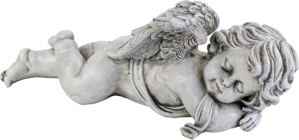 A stone-like figurine of a sleeping cherub with wings, lying on its side.