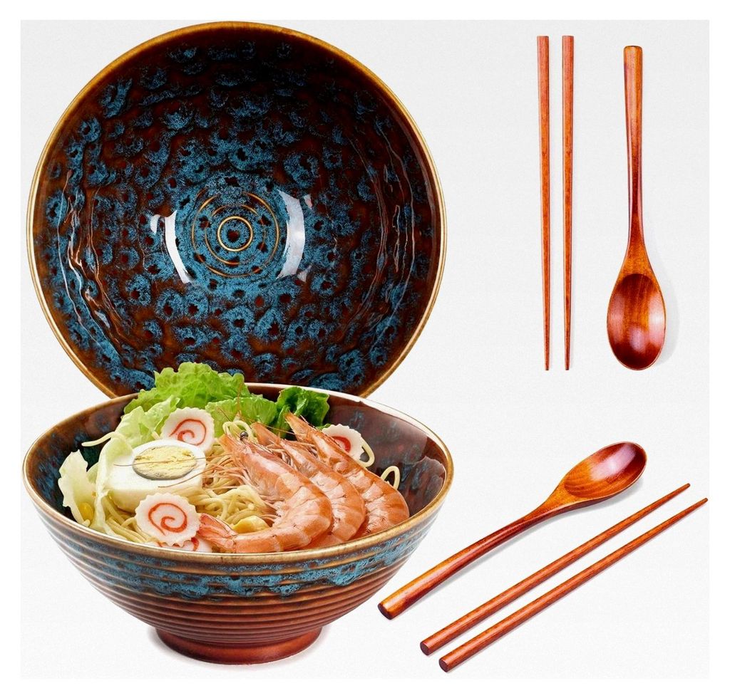 2x Ramen Schüssel Keramik - 1200ml - 20 cm - Mit Löffel und Essstäbchen für Ramen Suppe Pho Udon Asiatische Nudeln, Große Nudel-Schalen (Rote ...
