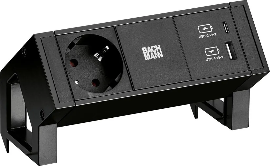 BACHMANN DESK2 1x Prise Terre et Chargeur USB A/C Noir - Bloc Multiprise