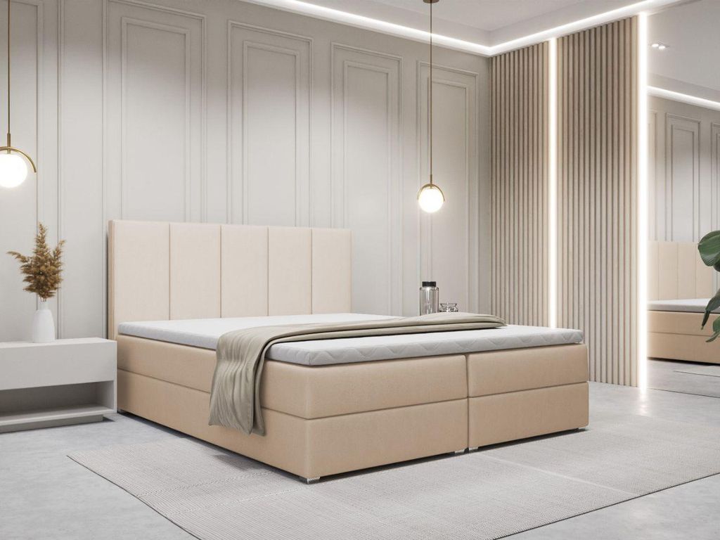 FurniDe24 Boxspringbett Soreno 140x200 - Bett mit Matratze und Topper – Kontinentalbett mit Bettkasten und Matratze – Doppelbett Beige (Paros 02)