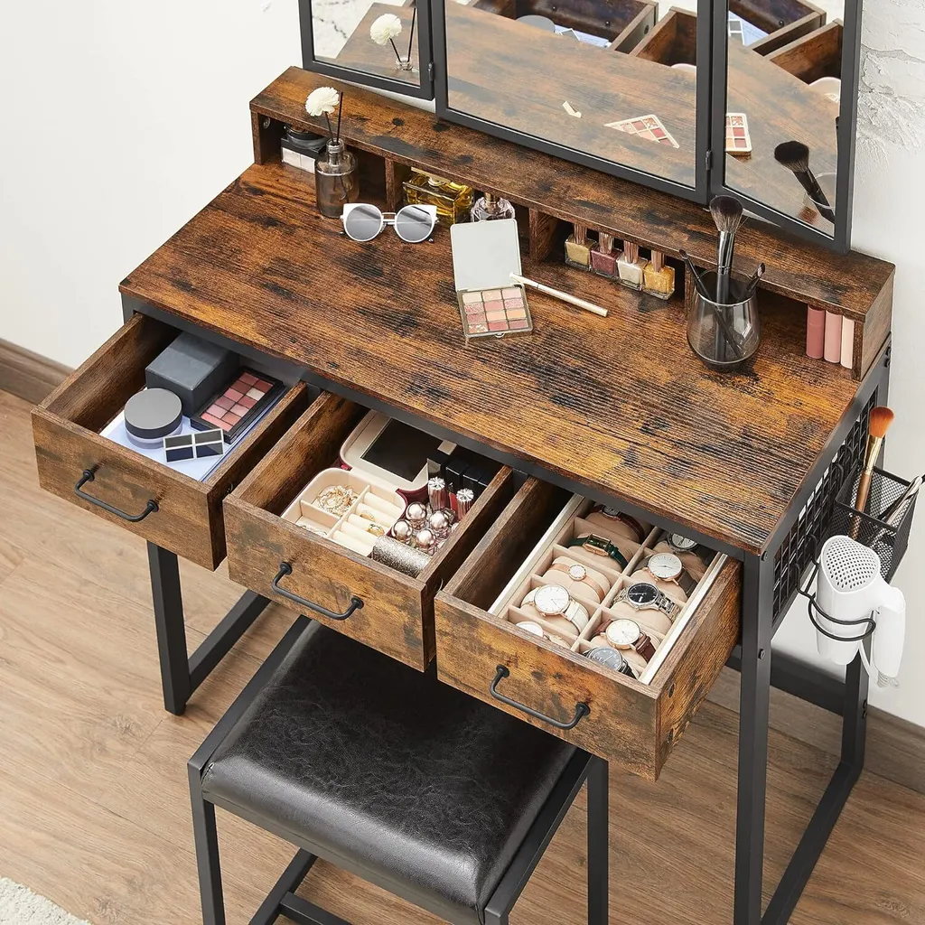 Coiffeuse Blanche pour Chambre avec Tabouret et Miroir Large Vision - 7