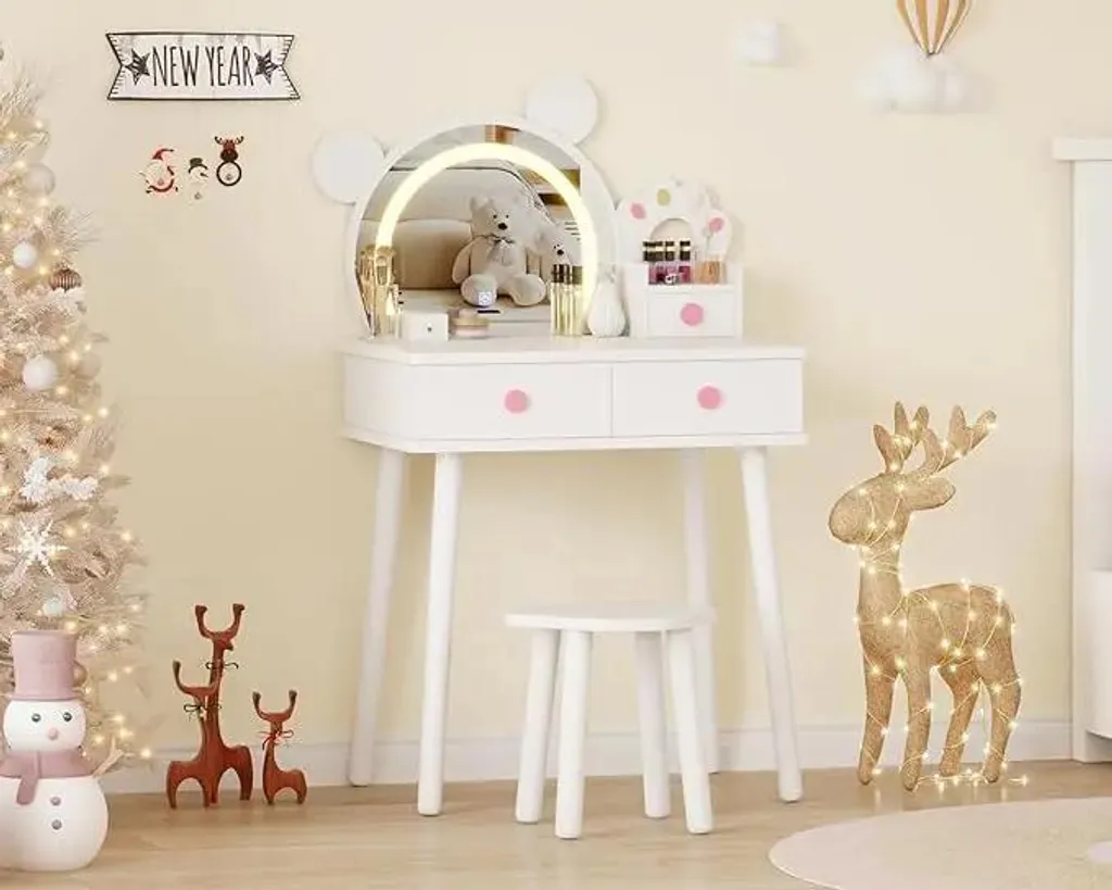 Coiffeuse tactile LED pour enfant motif ours avec tabouret et table