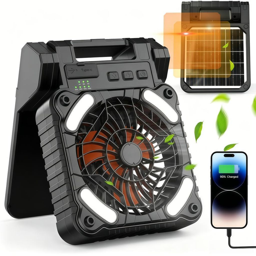 3-in-1 Solar Camping Fan mit LED, 4 Geschwindigkeitsstufen, Produktbild 