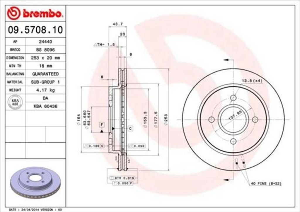 BREMBO Bremsscheiben (2 Stück) Hinterachse 09.5708.10 Produktbild 