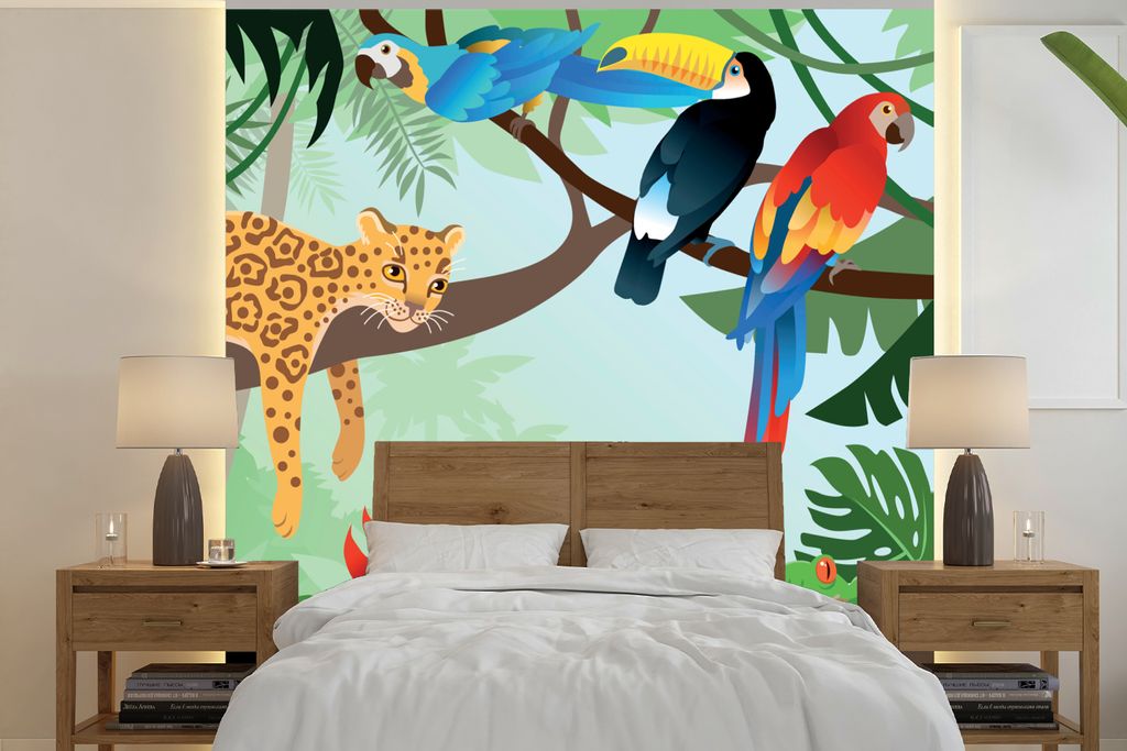 MuchoWow Fototapete für Wohnzimmer oder Schlafzimmer Wandtapete Vinyl Motivtapete Dschungeltiere - Tukan - Jungen - Mädchen - Leopard - 350x350...