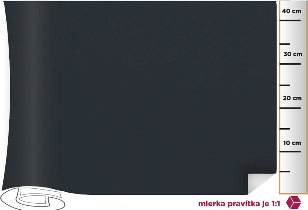 A roll of black adhesive foil is shown, with a ruler on the right side indicating measurements in centimeters.