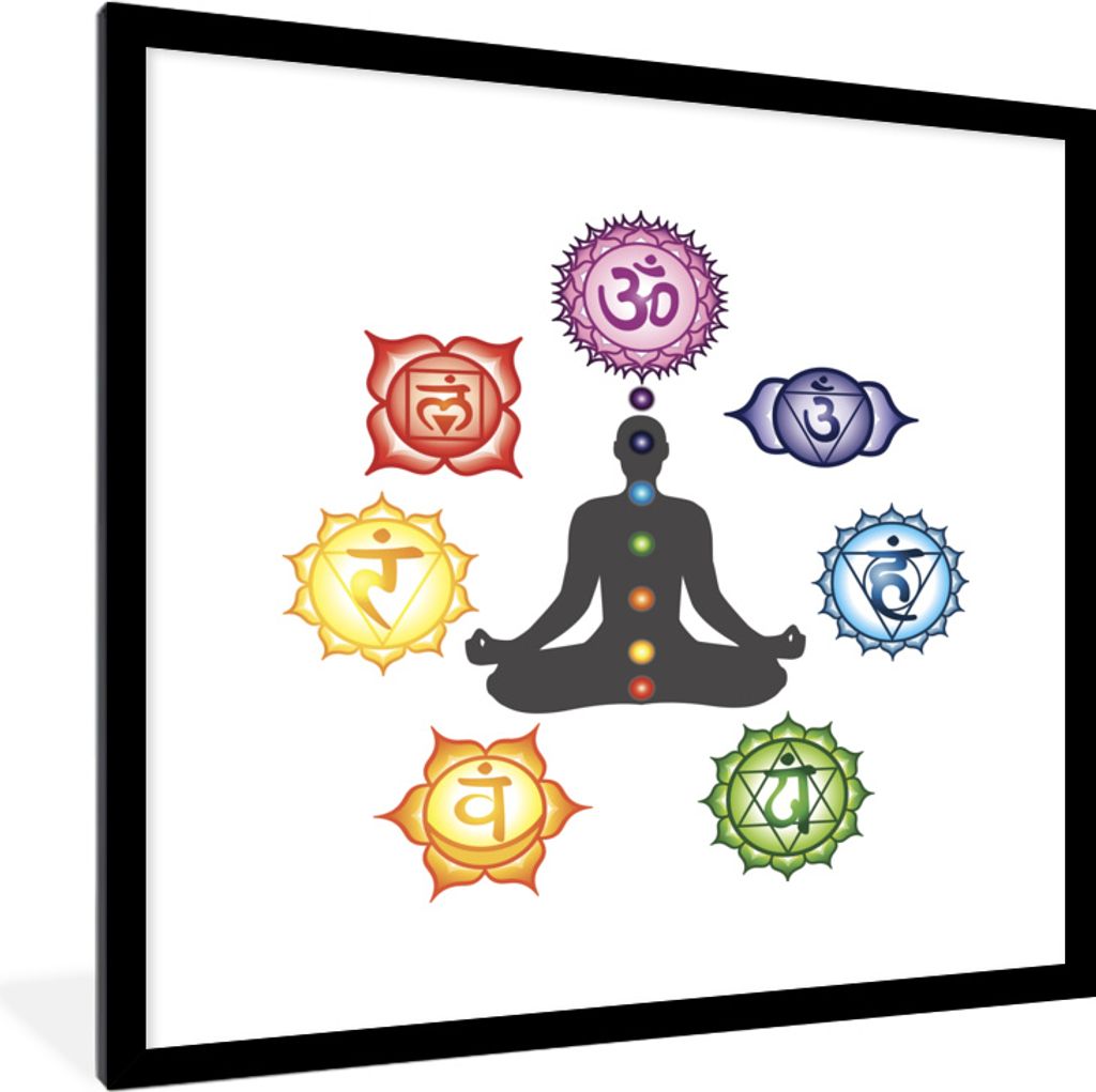 MuchoWow MuchoWow Gerahmtes Poster Sieben Chakren um eine meditierende Silhouette 40x40 cm - Poster mit zchwarzem Bilderrahmen - Poster - Plaka...